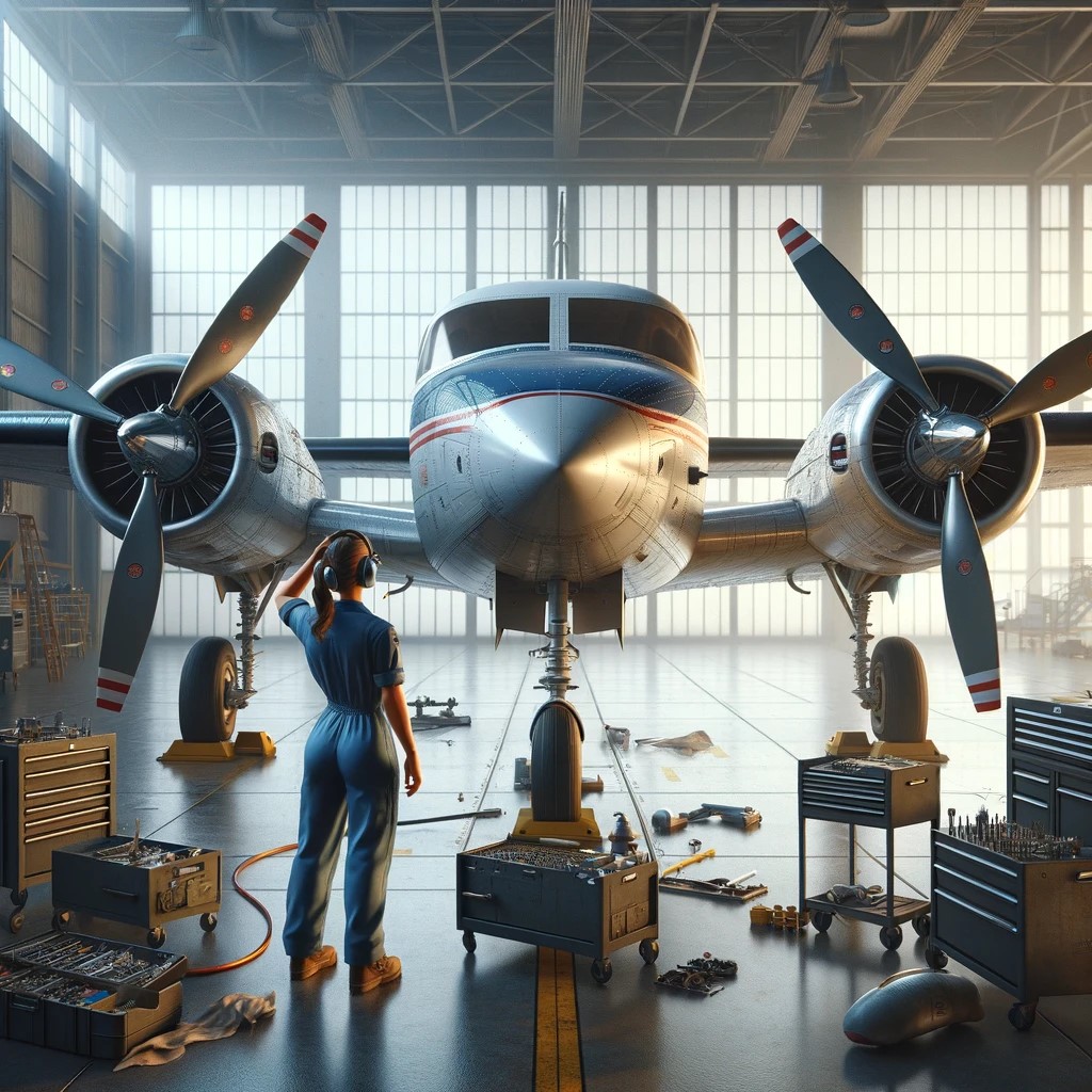 How to remove a propeller from a Cessna 310. A female mechanic in a hanger is looking at a large misrepresented version of what's supposed to be a Cessna 310 but is not because it doesn't look like one. There are tools surrounding her.